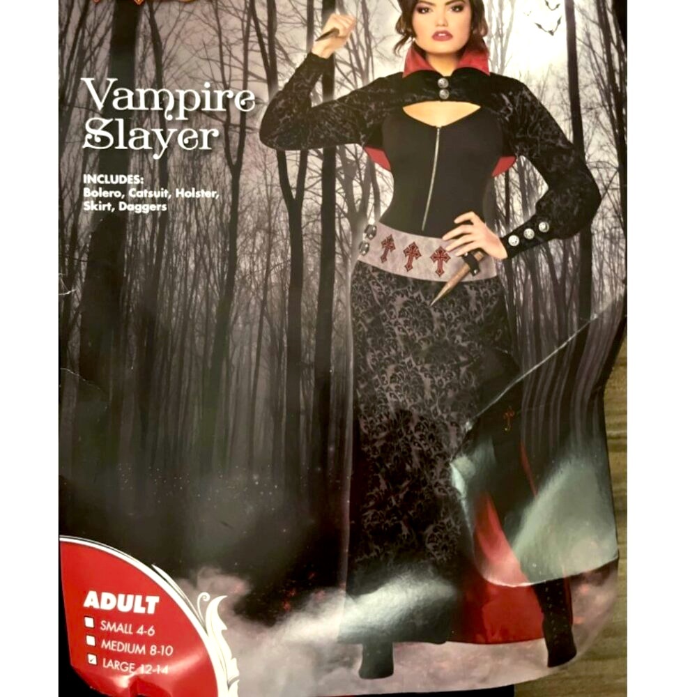 VAMPIRE SLAYER Adult Complete Costume Catsuit Skirt Bolero Daggers et Size L NEW